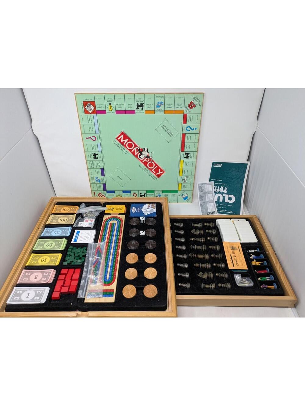 Monopoly 6 in 1 Games Deluxe Wooden Edition- Sorry,Chess,Clue,Checkers, Crib